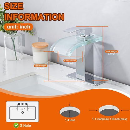 LED Bathroom Faucet, Chrome Waterfall Bathroom Sink Faucet, 1 Hole Single Handle Polished Vanity Mixer Tap Commercial Temperature Control Light Color Change