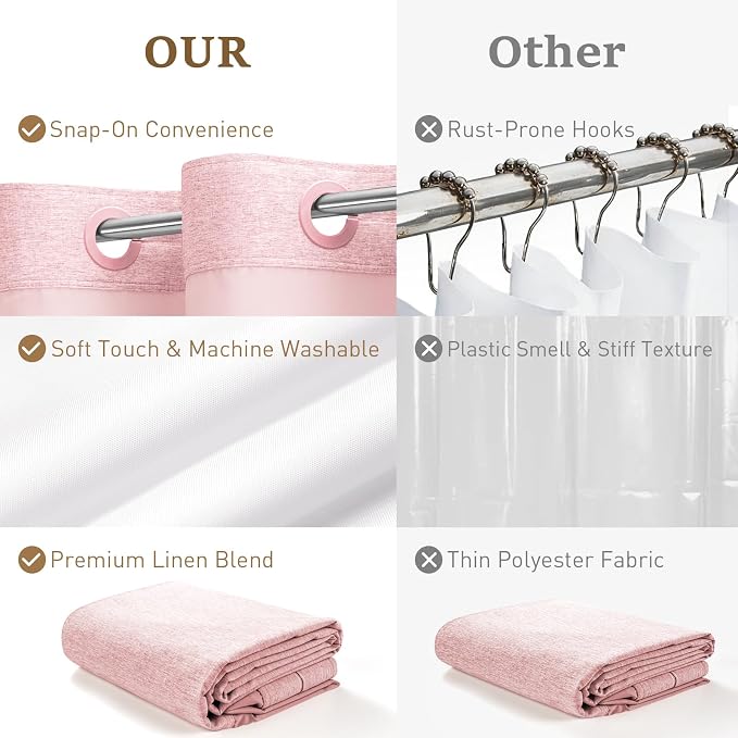 Pink Ringless Linen Textured Shower Curtain with Snap in Liner, 72x75 | 3 in 1 Hotel Shower Curtain Set, Removable Liner, Waterproof & Washable, Mesh Top Window, Durable Fabric, Easy to Install