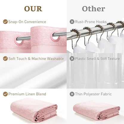 Pink Ringless Linen Textured Shower Curtain with Snap in Liner, 72x75 | 3 in 1 Hotel Shower Curtain Set, Removable Liner, Waterproof & Washable, Mesh Top Window, Durable Fabric, Easy to Install
