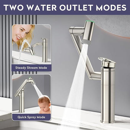 HOWUWEY 1080° Rotatable Single Hole Bathroom Vanity Faucet with Temperature Display, Height Adjustable Single Lever Bathroom Sink Faucet 1 Hole, LED Basin Faucet with Color Change (Brushed Nickel)