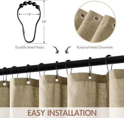 MIULEE Khaki Scalloped Linen Shower Curtain 72W x 72L | 12 metal hooks, Linen scalloped, waterproof washable, thick heavy cloth, black border, boho farmhouse, bathroom hotel use