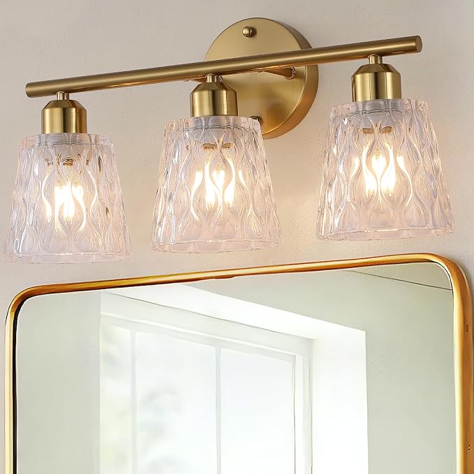 Brushed Gold Bathroom Vanity Light Over Mirror, 3-Light Stainless Steel Bathroom Fixture with Textured Glass Shades, Modern Wall Mount Vanity Lighting, E26 Sockets (Bulbs Not Included)