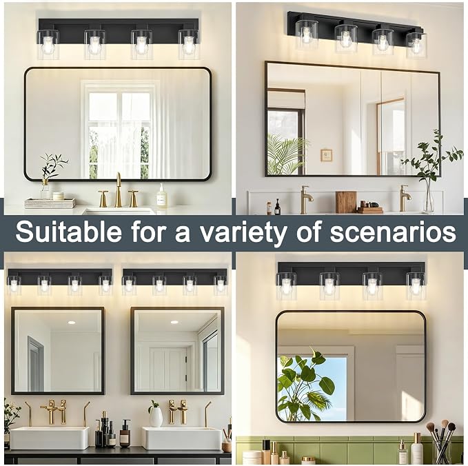 4-Light Matte Black Bathroom Light Fixtures, with Clear Glass Shade | 29.5 Inch Bathroom Lighting Fixtures Over Mirror, Modern Wall Light, bathroom vanity light E26 Socket, ETL