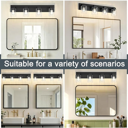 4-Light Matte Black Bathroom Light Fixtures, with Clear Glass Shade | 29.5 Inch Bathroom Lighting Fixtures Over Mirror, Modern Wall Light, bathroom vanity light E26 Socket, ETL