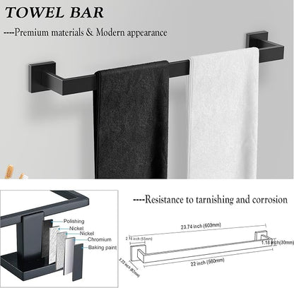 BOZWELL 5 Pieces Matte Black Bathroom Hardware Accessories Set Square Towel Racks for Bathroom 23.6 inch Stainless Steel Towel Bar Set Wall Mounted