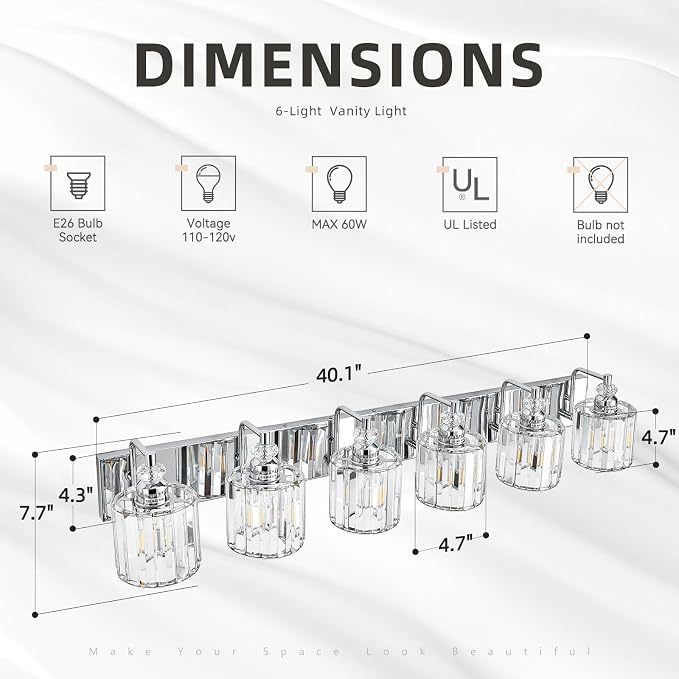 6-Light Modern Bathroom Light Fixture Chrome Bathroom Vanity Lights Over Mirror Wall Sconce Lighting with K9 Crystal Shades E26 Base for Bedroom, Living Room, Hallway Wall Lamp