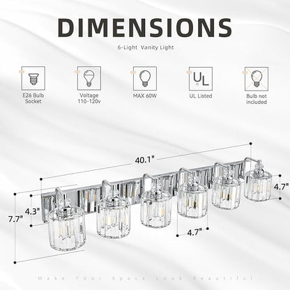 6-Light Modern Bathroom Light Fixture Chrome Bathroom Vanity Lights Over Mirror Wall Sconce Lighting with K9 Crystal Shades E26 Base for Bedroom, Living Room, Hallway Wall Lamp