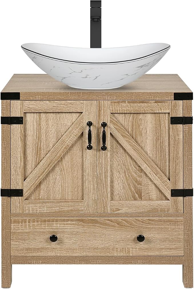 28'' Natural Color Bathroom Vanity, Rustic Fixture Standing Pedestal Cabinet with White Ceramic Boat Sink