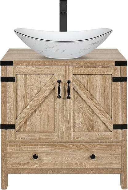 28'' Natural Color Bathroom Vanity, Rustic Fixture Standing Pedestal Cabinet with White Ceramic Boat Sink