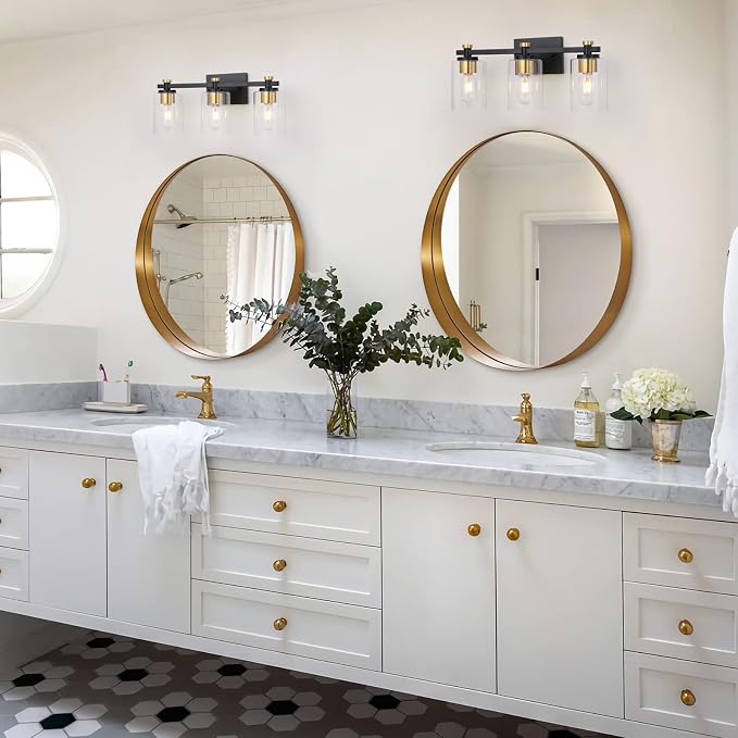 3-Light Black Gold Bathroom Vanity Light with Clear Glass Shades | Modern Bathroom Light Fixture, E26 Socket, Over Mirror Lighting for Bath Vanity Decor, High Quality Metal