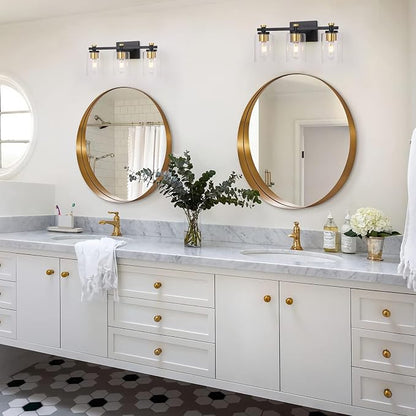 3-Light Black Gold Bathroom Vanity Light with Clear Glass Shades | Modern Bathroom Light Fixture, E26 Socket, Over Mirror Lighting for Bath Vanity Decor, High Quality Metal
