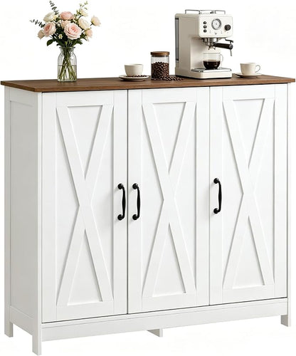 Farmhouse Buffet Storage Cabinet, 3-Door Sideboard Cabinet with Adjustable Shelves, Wood Countertop Freestanding Credenza for Kitchen, Living Room, White