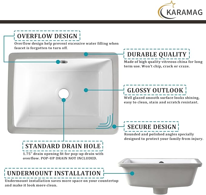 18 Inch Undermount Bathroom Sink Small Rectangle Undermount Sink White Ceramic Under Counter Bathroom Sinks with Overflow (18.3"x13.8")