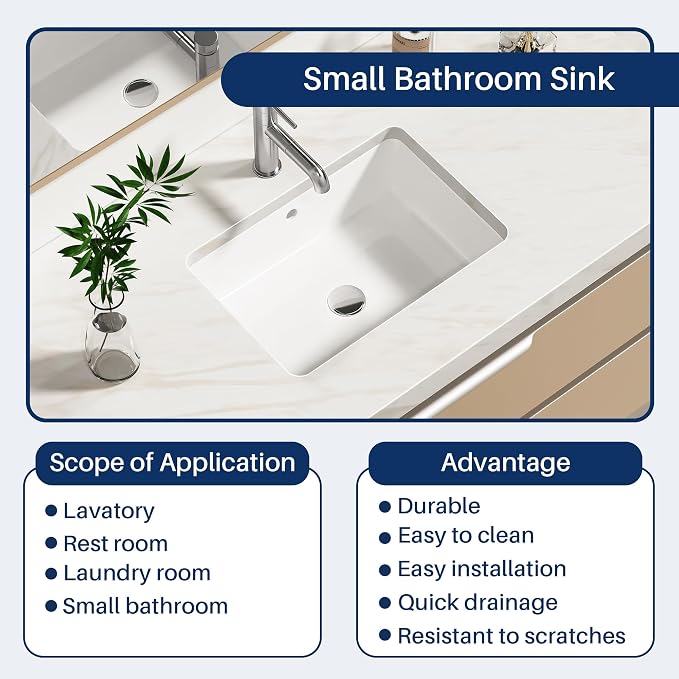 Enbol 17x12 inch Undermount Bathroom Sinks Rectangular White Porcelain Vessel Sink Modern Under Counter Lavatory Basin ECU1510