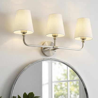3-Light Bathroom Light Fixtures, Brushed Nickel Vanity Lights with Beige Fabric Shade, Modern Sconces Wall Lighting for Hallway Bedroom, Upward Lighting, VL837-BN-B-3