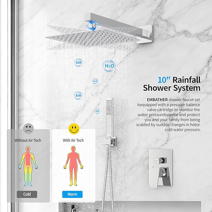 Rain Shower System Sets Faucet: EMBATHER 10 Inch Overhead Rainhead Shower Combo Set With Handheld And Valve-Luxury Modern Mixer Rainfall Polished Chrome Shower Faucets Sets Complete