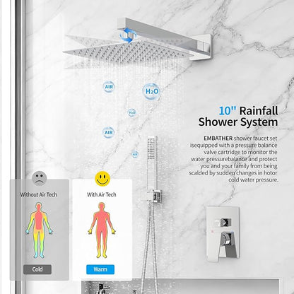 Rain Shower System Sets Faucet: EMBATHER 10 Inch Overhead Rainhead Shower Combo Set With Handheld And Valve-Luxury Modern Mixer Rainfall Polished Chrome Shower Faucets Sets Complete