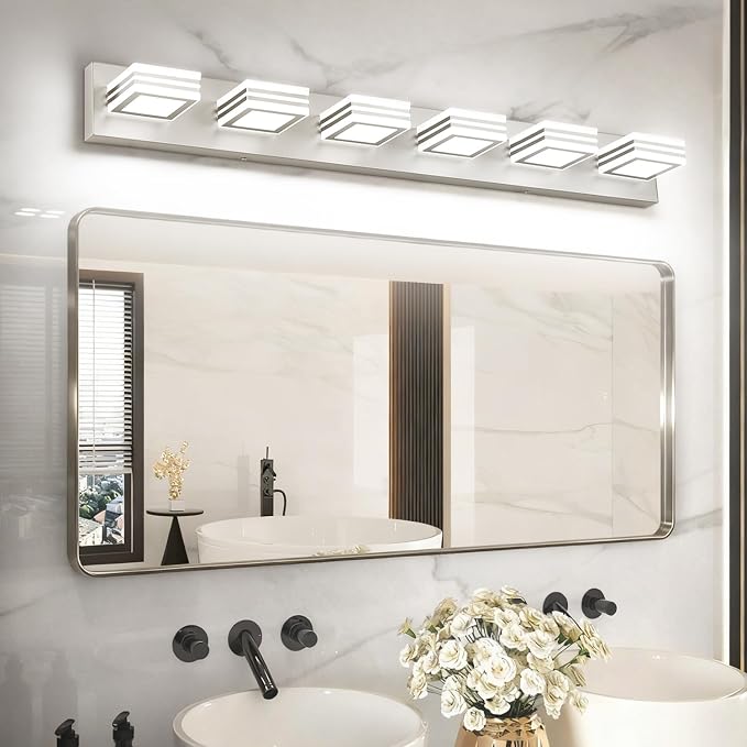 SOLFART Modern LED Vanity Lights Fixtures: 6 Lights Acrylic LED Brushed Nickel Vanity Lights for Bathroom 39inch