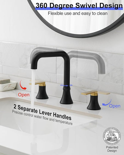 8 Inch Black and Gold Bathroom Faucet Widespread, 360 Degree Swivel Faucet for Bathroom Sink 3 Hole with 2 Handles, Pop-Up Drain & Water Hoses Saving Water