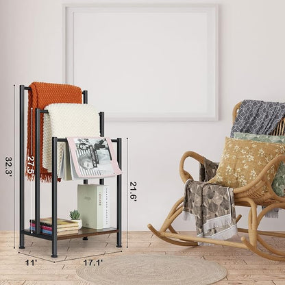 Freestanding Towel Rack, 3 Tier Blanket Ladder Holder with Rustic Brown Wooden Shelf, Industrial Display & Drying Stand Storage Rack with Non-Slip Feet for Living room, Bathroom, 17.1"L*11"W*32.3"H
