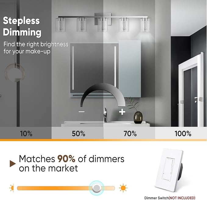 LED Modern Bathroom Light Fixtures Over Mirror, 5-Light Brushed Nickel Vanity Lights with 5 Color Modes, Dimmable Bathroom Vanity Light with Crystal Bubble Glass, 2700K-6500K Adjustable, ETL