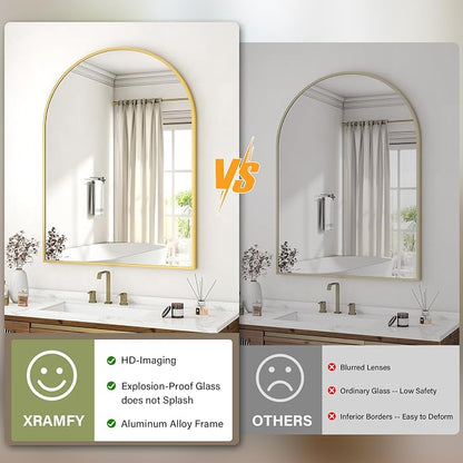 XRAMFY 32"x48" Arched Bathroom Mirror with Aluminum Frame Arched Wall Mounted Vanity Mirror for Entryway, Bedroom, Living Room, Gold