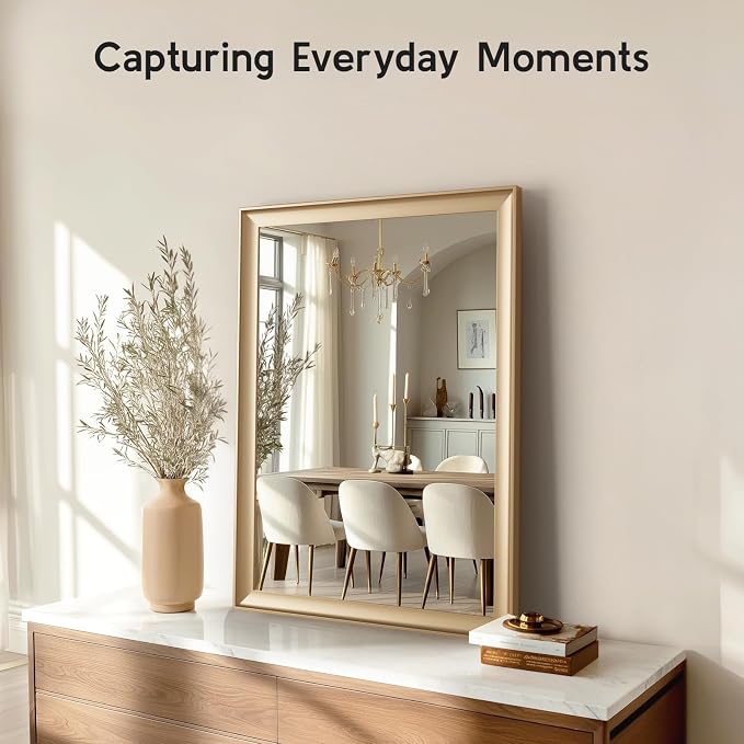 Gold Bathroom Mirror 22x30 Inch, Rectangle Vanity Mirror | Brushed Gold Bathroom Mirror for over sink, Bedroom, Entryway, Living Room, Aluminum Alloy Framed, Curved Wide Edge