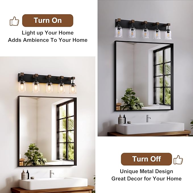 Farmhouse Bathroom Light Fixtures, 5 Light Black Vanity Light, Industrial Style with Clear Glass Shades, Wood Bathroom Lighting Fixtures Over Mirror for Bedroom, Living Room