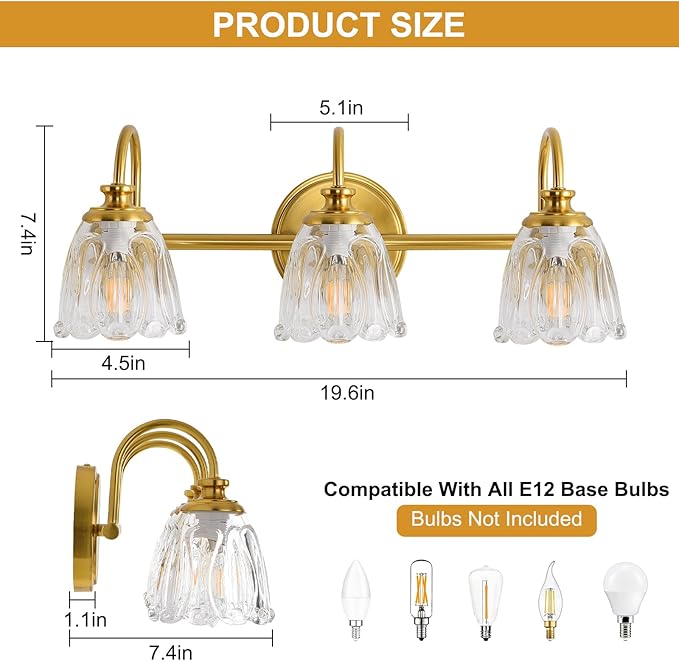Bathroom Light Fixtures (3-Light), Vintage Brushed Gold Vanity Lights for Bathroom with Clear Tulip Crystal Glass Shade, Vanity Wall Light Over Mirror for Bedroom Living Room Hallway