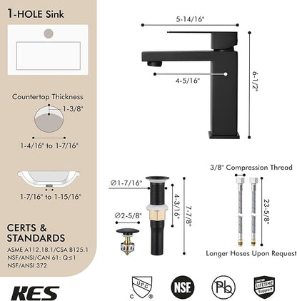 KES Black Bathroom Faucet & Bathroom Sink Drain Without Overflow, Single Handle Type Faucet with Pop Up Drain Stopper Stainless Steel Matte Black, L3156ALFF12-BK-C1