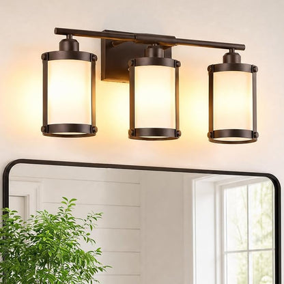 3-Light Oil Rubbed Bronze Bathroom Light Fixtures Over Mirror with Frosted Milk Glass and Metal Cage Shade, 21" UL-Listed Modern Farmhouse Wall Sconce for Bath, Hardwire E26, OS-3014ORBW-3W