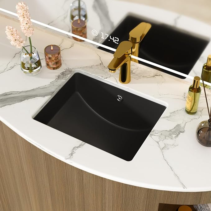 Black Undermount Bathroom Sink 18"x14"Ceramic Basin | Modern Porcelain Under Counter Bathroom Vanity Sink, Interior Bowl 16.3"x 16.9", Rectangular Undermount Basin with Overflow