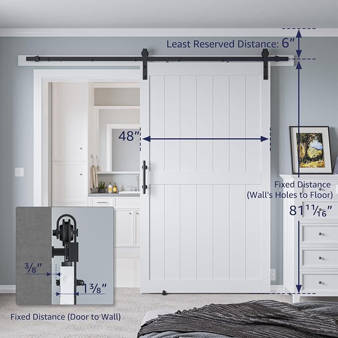 48in x 80in MDF Sliding Barn Door with 8ft Barn Door Hardware Kit & Handle | White Solid Barn Door Slab Covered with Water-Proof PVC Surface, Pre-Drilled Holes Easy Assembly, H-Frame