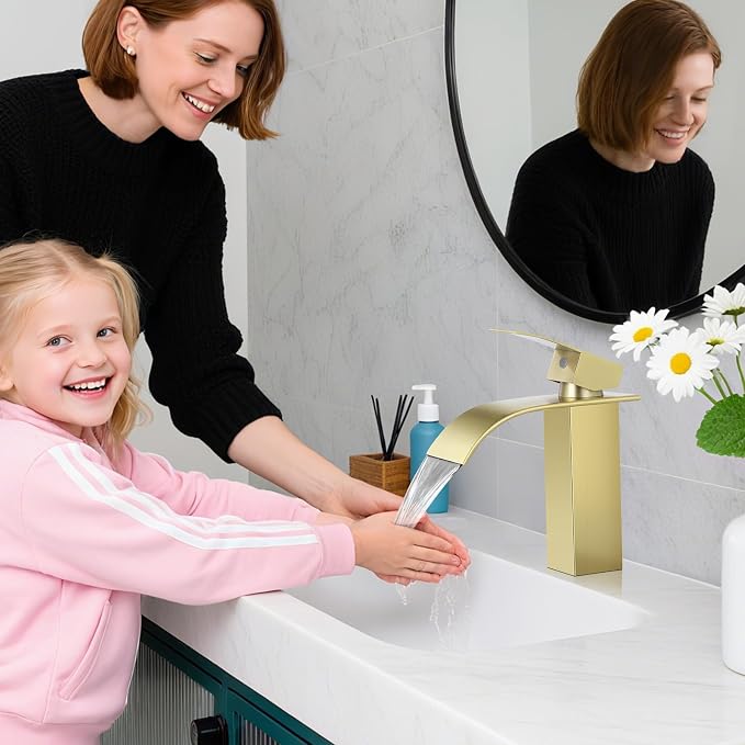Bathroom Faucets Brushed Gold Waterfall Bathroom Sink Faucet 2 Pack | with Pop-up Drain & Deck,Supply Hoses,Single Handle Vanity Faucet,Stainless Steel,1 or 3 Hole,RV,Farmhouse Bathrooms
