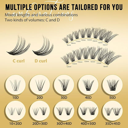 QUEWEL Lash Clusters 320Pcs 35D+45D D Curl Lash Cluster Eyelash Extensions | Cluster Lashes Mix9-16mm Individual Eyelashes Clusters Wispy Lash Clusters Thin Band Soft to Use at Home(35D+45D D Mix9-16)