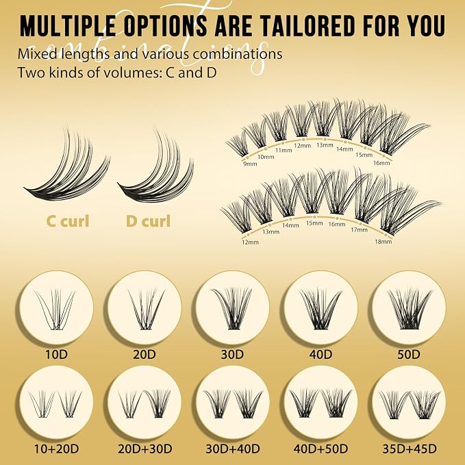 QUEWEL Lash Clusters 320Pcs 35D+45D C Curl Lash Cluster Eyelash Extensions | Cluster Lashes Mix9-16mm Individual Eyelashes Clusters Wispy Lash Clusters Thin Band Soft to Use at Home(35D+45D C Mix9-16)