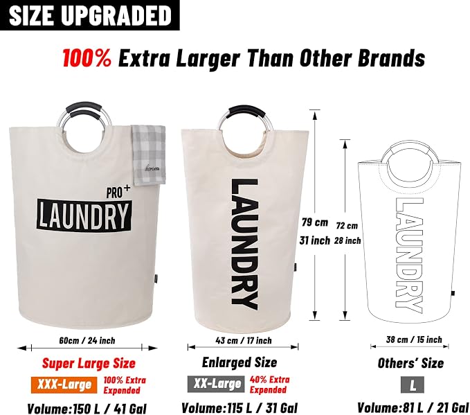 Caroeas Super Large 150L Laundry Basket Pro, Waterproof Laundry Hamper, Collapsible Laundry Basket Easy Storage, Clothes Hamper Stands Up Well, Laundry Bag with Padded Handles (Beige)