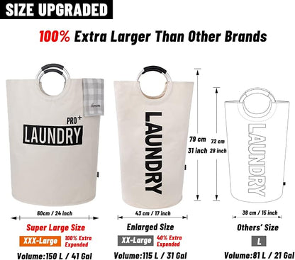 Caroeas Super Large 150L Laundry Basket Pro, Waterproof Laundry Hamper, Collapsible Laundry Basket Easy Storage, Clothes Hamper Stands Up Well, Laundry Bag with Padded Handles (Beige)