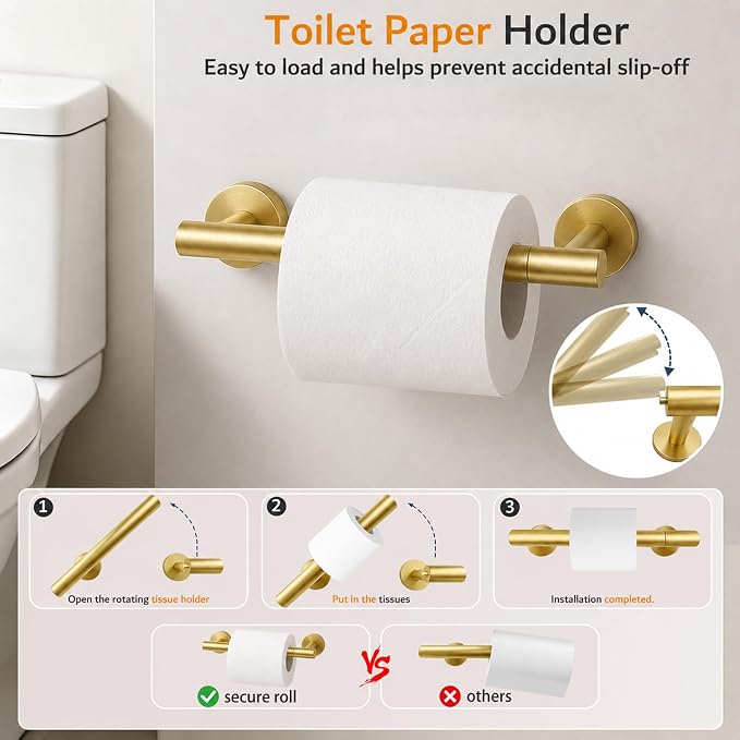 5 Piece Brushed Gold Bathroom Hardware Accessories Set, 24" Towel Bar Set | Bathroom Towel Rack Set with Wall Mounted SUS304 Stainless Steel , Double Post Toilet Paper Holder, Towel Ring & Robe Hooks