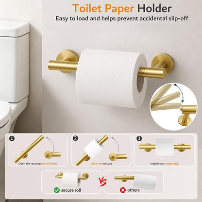 5 Piece Brushed Gold Bathroom Hardware Accessories Set, 24" Towel Bar Set | Bathroom Towel Rack Set with Wall Mounted SUS304 Stainless Steel , Double Post Toilet Paper Holder, Towel Ring & Robe Hooks
