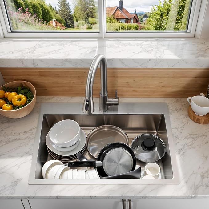 VCCUCINE 25x22 Inch Drop in Kitchen Sink 16 Gauge Top Mount Handmade T304 Brushed Nickel Kitchen Sink,Stainless Steel Single Bowl Workstation Topmount Overmount Sink with Strainer