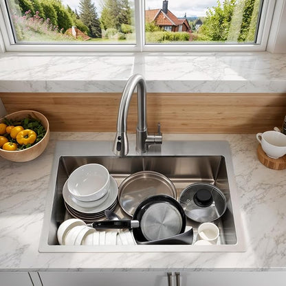 VCCUCINE 25x22 Inch Drop in Kitchen Sink 16 Gauge Top Mount Handmade T304 Brushed Nickel Kitchen Sink,Stainless Steel Single Bowl Workstation Topmount Overmount Sink with Strainer