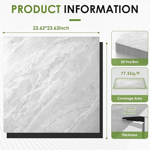 RORA 24x24 Inch Peel and Stick Floor Tile 20-Pack Waterproof Vinyl | Covers 80 Sq.Ft, Self-Adhesive, Easy DIY install, Gray Marble Vinyl Floor Tiles for Bathroom, Kitchen, Laundry & Office