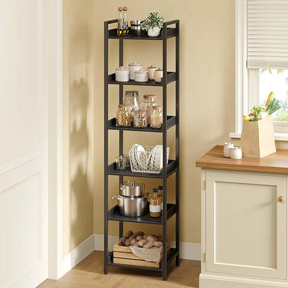 Rolanstar Bookshelf, 6-Tier Storage Rack, Narrow Corner Bookshelf, Display Wooden Shelves for Living Room, Bathroom, Balcony, Kitchen,Black