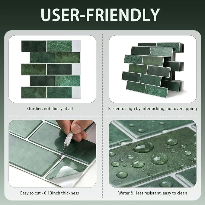 Arttown Peel and Stick 3D Wall Backsplash, 20-Sheet, 12" × 12" Green | Subway Tiles Self Adhesive Thicker Design Wall Tile Panel Wallpaper for Kitchen Bathroom Balcony Rental Housing