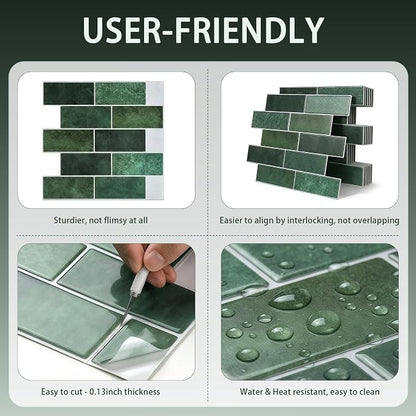 Arttown Peel and Stick 3D Wall Backsplash, 20-Sheet, 12" × 12" Green | Subway Tiles Self Adhesive Thicker Design Wall Tile Panel Wallpaper for Kitchen Bathroom Balcony Rental Housing