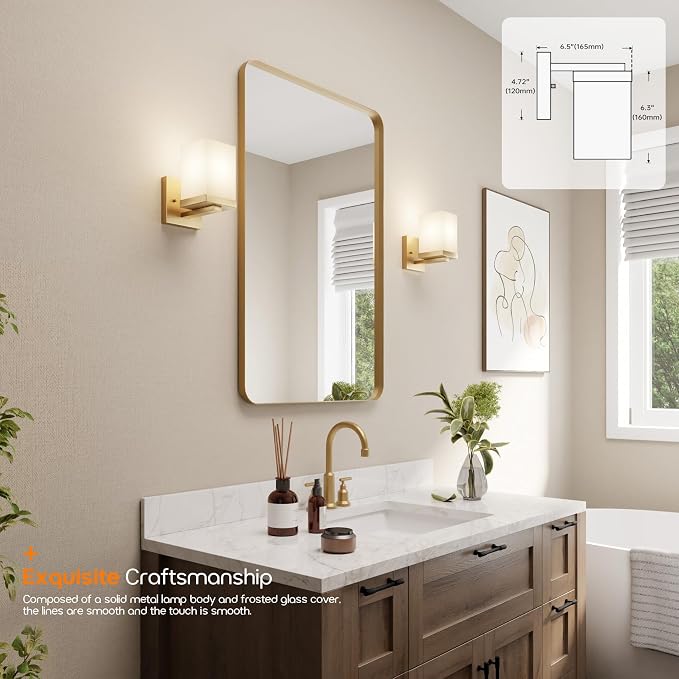 Vanity Lighting Fixture with White Frosted Glass, Gold Bathroom Wall Lamp Over Mirror, Wall Sconce for Living Room Kitchen Washroom Porch T003GD-L1