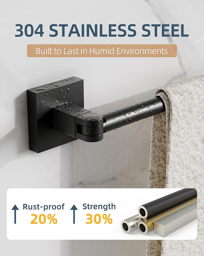 RUACQ Adjustable Towel Bar, Adhesive or Drill Wall Mount Towel Rack, Black | Adjust 15.8 to 26 Inch Towel Racks for Bathroom, 304 Stainless Steel Bath Towel Holder, Rustproof, Square Base, Heavy Duty