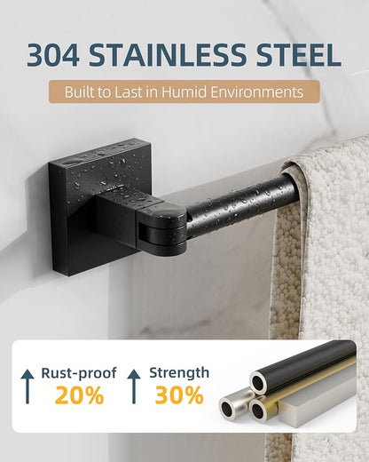 RUACQ Adjustable Towel Bar, Adhesive or Drill Wall Mount Towel Rack, Black | Adjust 15.8 to 26 Inch Towel Racks for Bathroom, 304 Stainless Steel Bath Towel Holder, Rustproof, Square Base, Heavy Duty