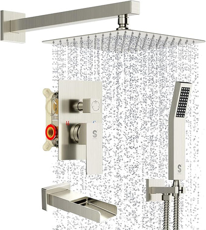 SR SUN RISE 10 Inches All Metal Bathtub Faucet Set Shower System with Tub Spout Square Rain Shower Head and Handheld Combo Shower Fixtures, Modern Valve and Trim Kit, Brushed Nickel